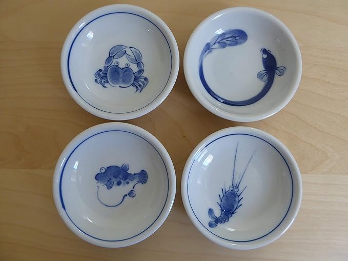 Japanese Ceramic Sauce Dishes, Blue and White Fish Design, Set of 4, Microwave Safe