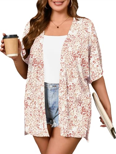 Image of AusLook Plus Size Cardigan for Women Short Sleeve Lightweight Open Front Shrug with Pockets for Dresses and Layering 1X-5X
