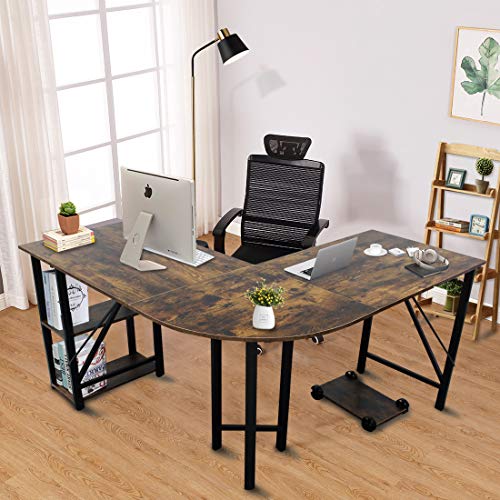 59\"x55\" Large L Shaped Corner Table Computer Desk, Bizzoelife Home Office PC Laptop Gaming Desks with CPU Stand and Storage Shelf, Wood & Steel Study Writing Workstation for Space-Saving (All Rustic) - Thumbnail 2