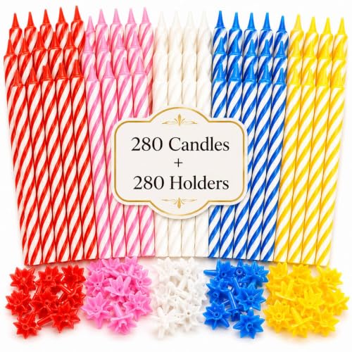 Cwise 280-Count Birthday Candles Bulk Pack with Holders Spiral Cake & Cupcake Candles Multicolor Slim Party Candles Colorful Cake Decorations