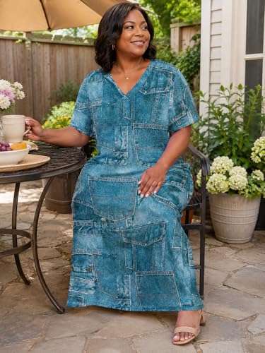 Image of SUZONANA Plus Size Denim Print Maxi Dresses for Women Casual V Neck Short Sleeve with Pockets Soft Jean Look Dress XL-6XL