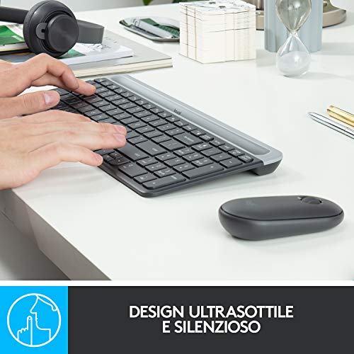 Logitech MK470 Kit Mouse e Tastiera Wireless per Windows, Ricevitore USB Unifying 2.4 GHz, ‎Sottile, Compatto, Silenzioso, Batteria Lunga Durata, PC/Laptop, Layout Italiano QWERTY, ‎Grigio