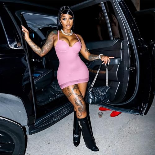 Image of Sexy Bodycon Mini Dress for Women Sweetheart Neck Spaghetti Strap Mesh Hem Party Club Night Out Short Dresses