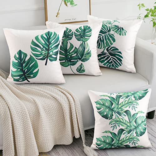 Hanrunsi Funda de cojín 40x40 Juego de 4 Fundas de cojín de sofá Decorativas de Plantas Tropicales Verdes Fundas de Cojines Suaves Cojines de Exterior para Muebles de jardín (imitación de Lino) Cover