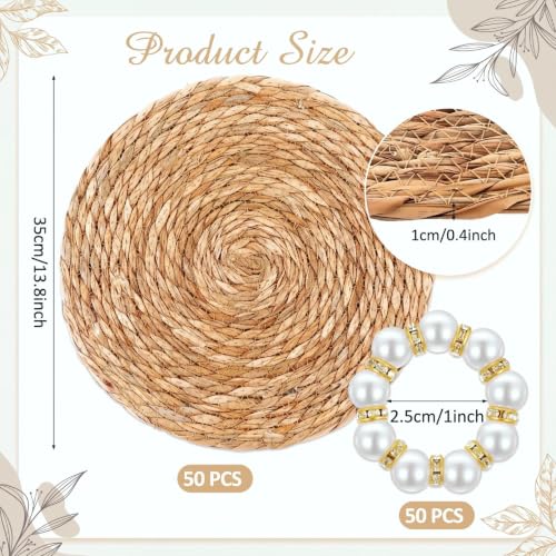 Image of 50 Pcs 13.8 Inch Cattail Round Woven Placemats Set, Cattail Placemats with Pearl Napkin Rings Boho Farmhouse Rustic Woven Chargers Natural Mat Bulk for Wedding Party, Dinner Table