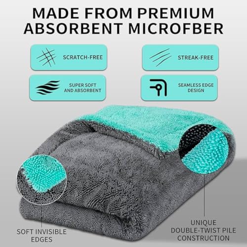 Image of 1200 GSM Microfiber Car Cleaning Cloth - Grey, Twisted Loop, Edgeless, Plush Pile Towel for Car Wash, Drying & Auto Detailing (Grey /Green)