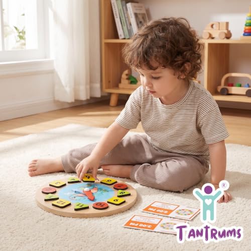 Image of Dinosour Learning Clock with Time Flash Cards | Child Safe Paint and Imported Wood