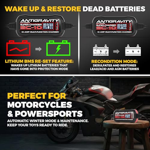 Image of Antigravity SC-10 Super-Charger 10A Smart Battery Charger & Maintainer for 6V /12V Lithium (LiFePO4) & 12V Lead-Acid Batteries - Wall-Powered, LCD Display, Power Supply Mode, BMS Reset