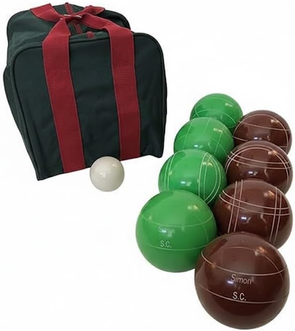 BuyBocceBalls Listing - Made in USA, Premium Quality Engraved Tournament Bocce Set - 110mm Green and Dark Red Balls, Nylon Bag, 998 Grams (2 lbs. 3.2 oz.). Various Bag Colors