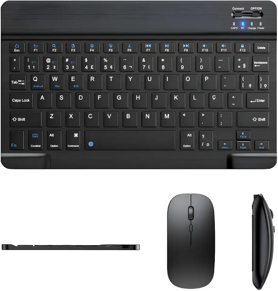 Teclado E Mouse Bluetooth Recarregáveis – Design Slim, Silencioso E Ergonômico Para Escritório E Casa Para Computador, Tablet E Laptop Ipad | Kit Premium Sem Fio 2 Em 1 (Preto)