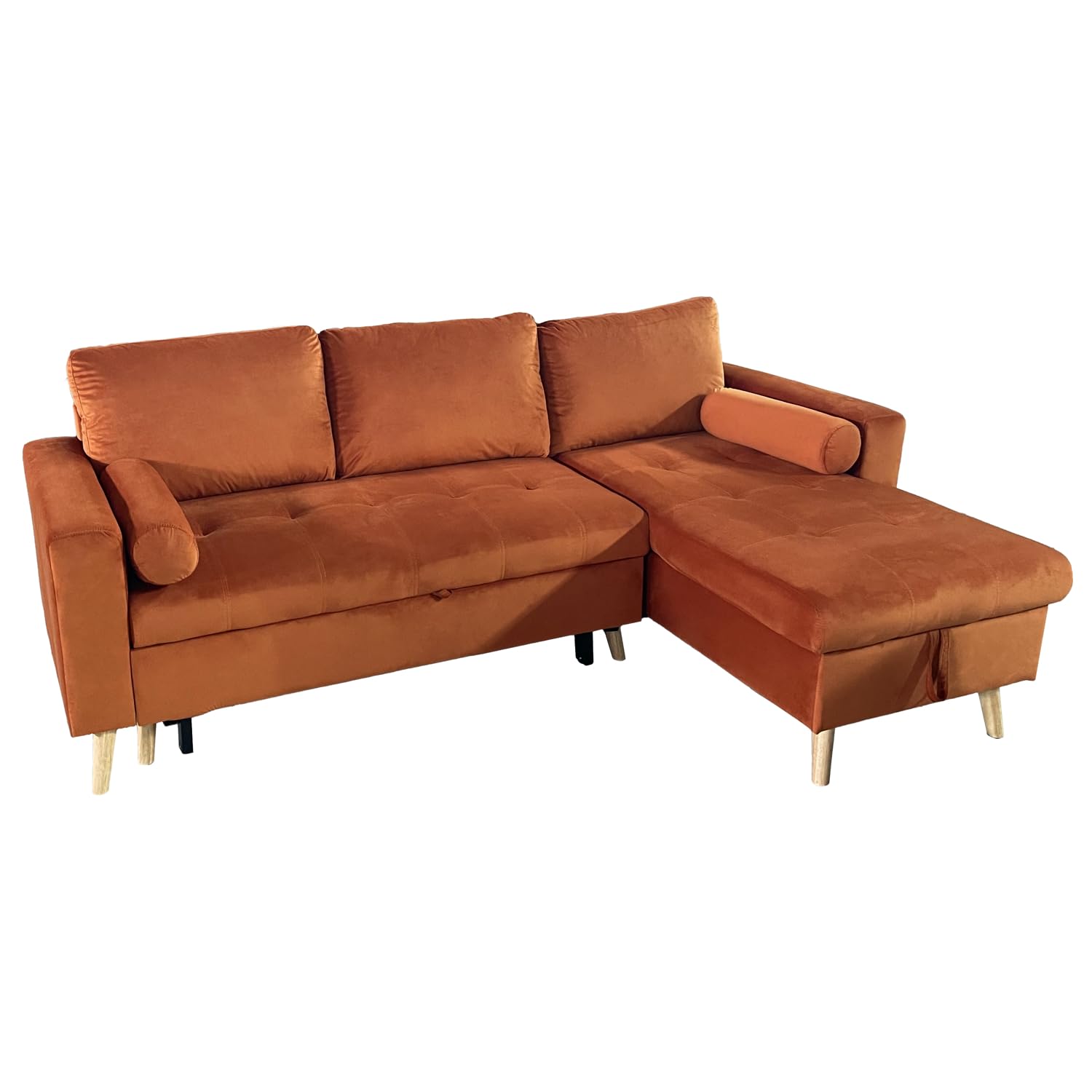 Happy Garden Canapé d'angle Convertible James 3 Places en Velours Terracotta. Canapé au Style scandinave avec méridienne réversible et Coffre de Rangement.