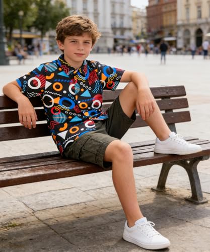Image of uideazone Boys Hawaiian Shirts Novelty Printed Funky Short Sleeve Button Down Shirt Kids Aloha Luau Shirt 7-14T