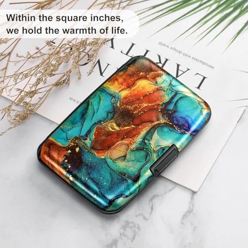 Image of ELFISH Mini RFID Aluminum Wallet Credit Cards Holder Business Card Case Metal ID Case for Men Women, Blue Brown Marble, 4.33 x 2.95 x 0.75 inches, Compact