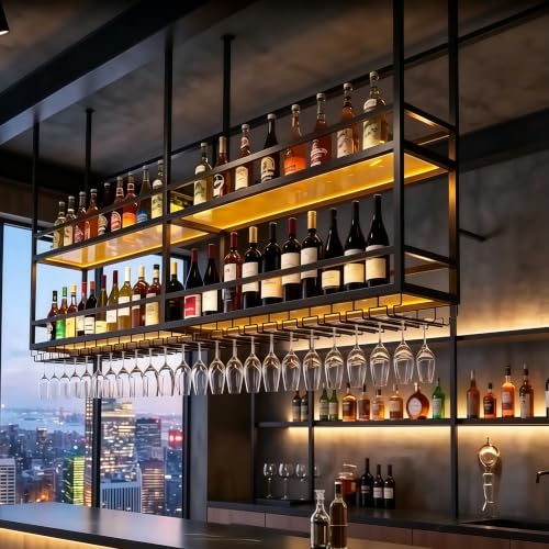 Image of 47.2IN Ceiling Wine Glass Rack with light, Acrylic Hanging Wine Rack with Glass Holder and Transparent Shelves, Wine Bottle Holder Goblet Stemware Racks Modern Home Bar Coffee Decor Rack(120CM)