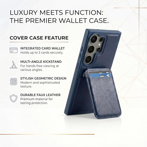 Image of amazon basics Premium Vegan Leather Back Cover with Card Holder and Integrated Mobile Stand for Samsung Galaxy S24 Ultra 5G - Slim Shockproof Wallet Case with Geometric Stitching [Blue]