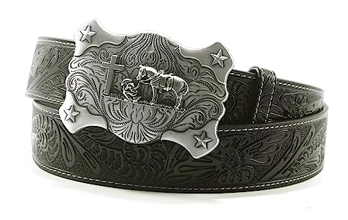 Moranse Belts With Religion Cross Cowboy Kneeling Prayer Buckle,Genuine Cow Leather,Classic and Retro Pattern Fashion Designs