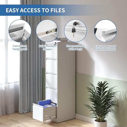 Image of 5 Drawer File Cabinet with Lock,Metal File Cabinet for Home Office