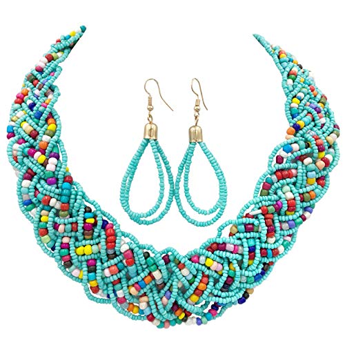 Gypsy Jewels Wide Braided Seed Bead Multi Strand Statement Necklace & Earrings Set (Aqua Blue Multi Color)