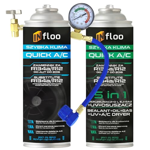 INfloo Quick A/C R134a 5en1 + gaz R134a – réfrigérant avec huile, colmatant, traceur UV et déshydratant + tuyau avec manomètre + gants – kit recharge clim voiture 1994–2016