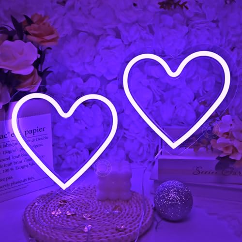 Image of SYLHOME 2 Pack Heart Purple Led Neon Light Sign Battery Operated or USB Powered Bedroom Wedding Wall Sign Decor Valentines Day Christmas Birthday Gifts USB 7.87 inch X 7.28 inch