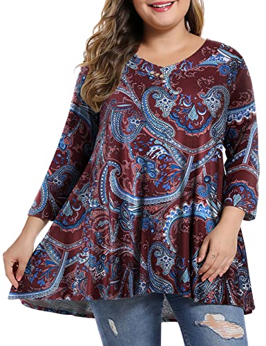 MONNURO Womens Plus Size 3/4 Sleeve V Neck Button Casual Loose Flowy Swing Tunic Tops Basic Tee Shirts for Leggings