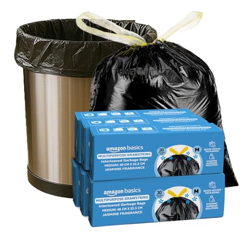 Image of Amazon Basics Multipurpose Drawstring Garbage Bags | Medium | 180 Count | 30 Bags x Pack of 6 | Heavy Duty | Jasmine Fragrance | Odour Control | No Tearing Needed