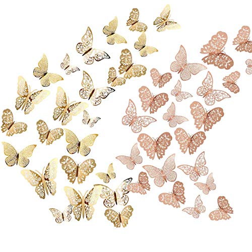 Allazone 72 Pz 3D Mariposas Pegatinas de Pared Mariposas 3D Mariposas Decorativas Decoraciones de Mariposas para Habitación Inicio Aula Oficinas Decoración de Dormitorio, Oro Rosa, Oro, Plata