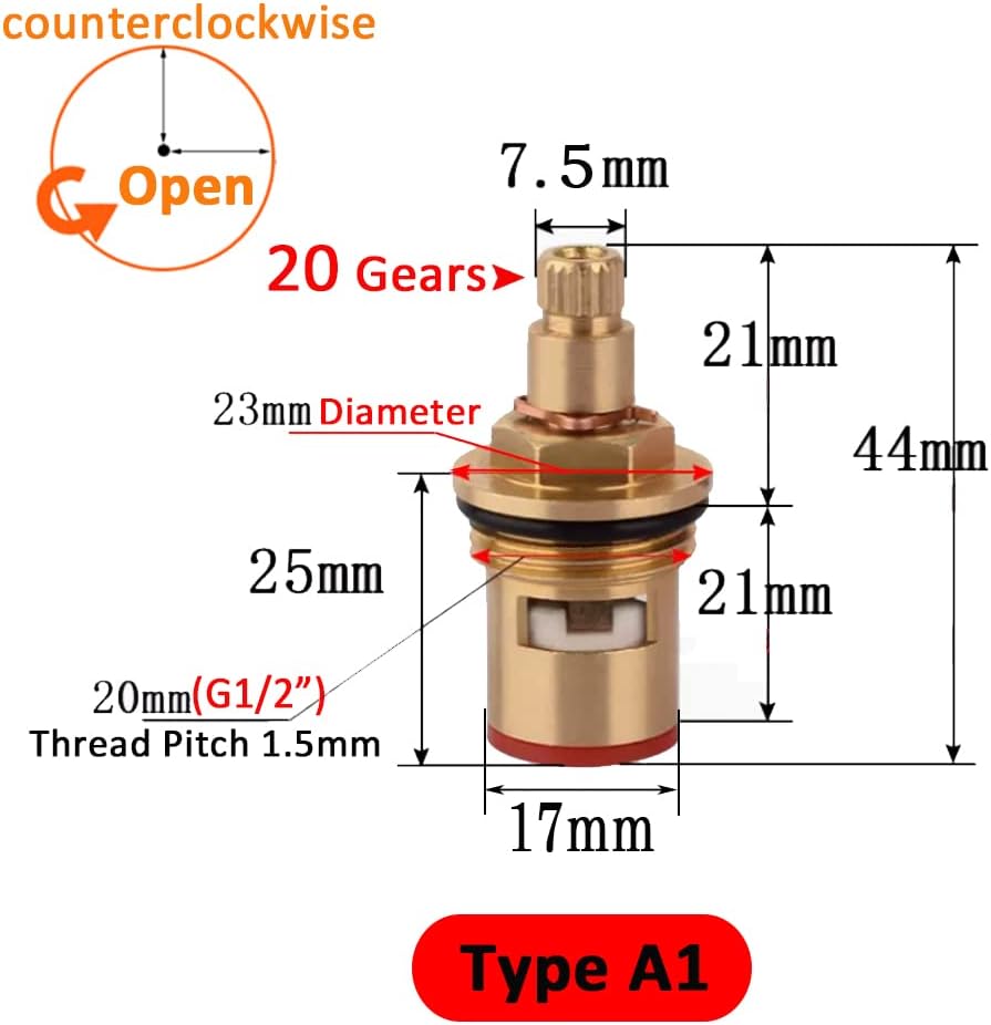 Faucet Ceramic Stem Cartridge Valve, G1/2" Brass Tap Ceramic Disc Cartridge Replacement for Bothroom Kitchen (Type A1- H44mm)