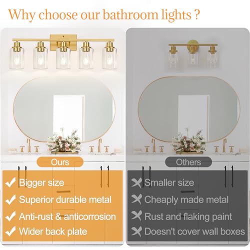 Image of Indoi 5-Light Bathroom Light Fixtures, Brushed Gold Modern Vanity Lights with Clear Glass Shades, Bathroom Wall Lamp for Mirror Living Room Cabinet Bedroom Porch
