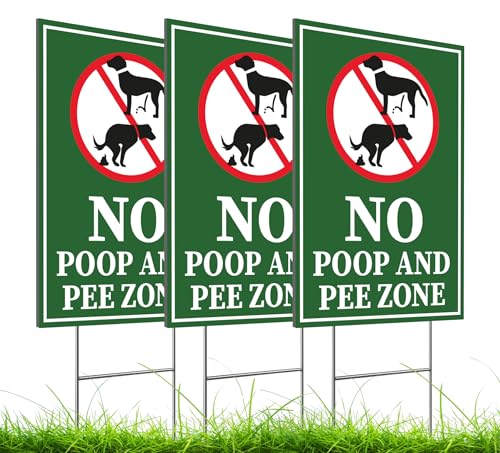 Set of 3 Double Sided 12x8 Inches Plastic Sign "No Poop and Pee Zone" with Metal H-Stakes - No Pet Poop Signs for Lawn - Signs Clean Up After Your Dogs - No Peeing Animals Garden