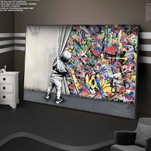 Toile Peinture Street Art Moderne Enfants Amoureux Derrière Rideau 50x70cm Sans Cadre