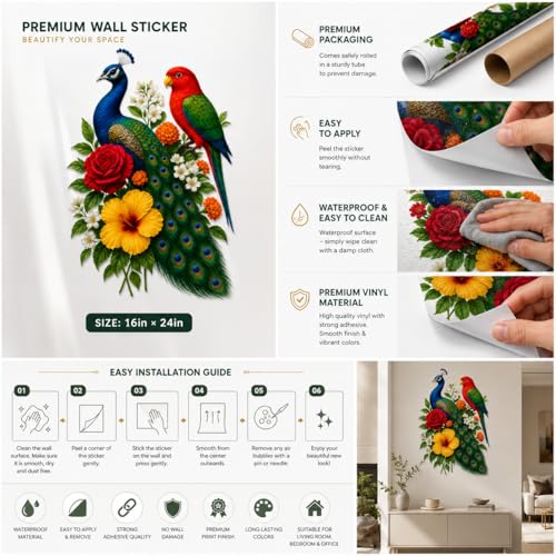 Image of Rangoli Peacock Parrot Wall Sticker Self-Adhesive 16 x 24 Inch Waterproof Wall Decor for Living Room Bedroom Office Bird Floral Wall Decal