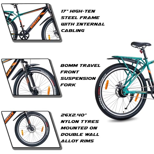 Image of Vaux Stallion-Pro 26inch Cycle for Men with Integrated Carrier IBC| 17 inch Steel Frame| Dual-Tone Colors| Dual Disc Brakes| 26 X 2.4 Nylon Tyres| Front Suspension| Single Speed(Green-Black)