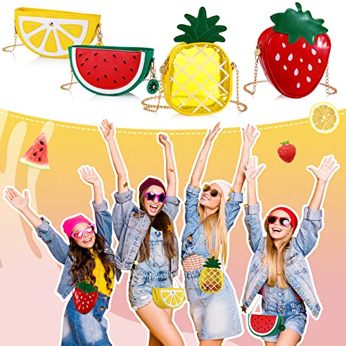 Set of 4 Fruit Shoulder Bag Avocado Orange Lemon Watermelon Shape Shoulder Bag Pineapple Strawberry Crossbody Purse Bag Cute Novelty Fruit Shoulder Mini Bag Purse Wallet for Women (Fresh Style)2