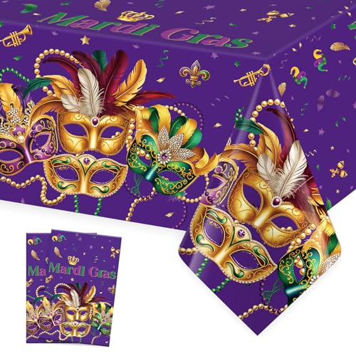 Image of Mardi Gras Tablecloth, 2 PCS Mardi Gras Table Cloth Disposable, Plastic Purple Carnival Mask Decorative Masquerade Tables Cover Rectangular for Mardi Gras Party Decoration Supplies, 54 X 108 Inch
