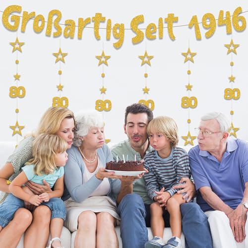 80. Geburtstag Deko Männer Frauen - 7 Stück Gold Großartig Seit 1946 Girlanden mit Zahlen 80 und Jahreszahl, Glitzer Banner und Hängedeko für Kinder Geburtstag Feier