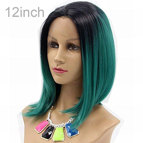 Sunwell Lace Front Wigs For Black Women Ombre Color Short Bob Synthetic Hair Wig (Black to Green, 12")