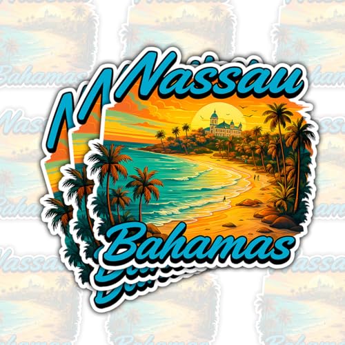 (3 Pcs) Nassau Bahamas Sunset Beach Sticker – Tropical Island Travel Souvenir Vinyl Decal Waterproof for Laptop, Water Bottle, Luggage, Notebook, Car, Scrapbook – Gift for Beach Lovers – 3 Inch