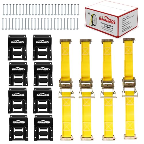 Autofonder Vehicle Wheel Chock Tie Down kit 4500lb Break Strength-4 Pack 2' x9' E Track Straps-Ultimate Heavy Duty Trailer Tire Strap System for ATV,UTV,Lawn Mower