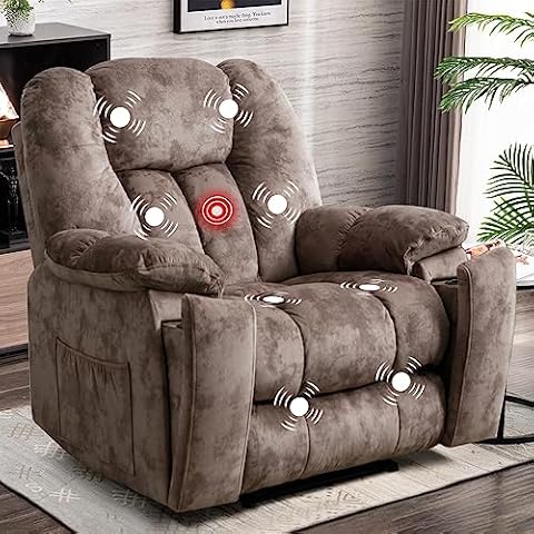 INZOY Manual Recliner with Massage and Heated, Comfy Overstuffed Recliner Soft Fabric Heated Recliner with Cup Holder, Heavy Duty Reclining Sofa Chair for Living Room Home Theater, Brown Cover