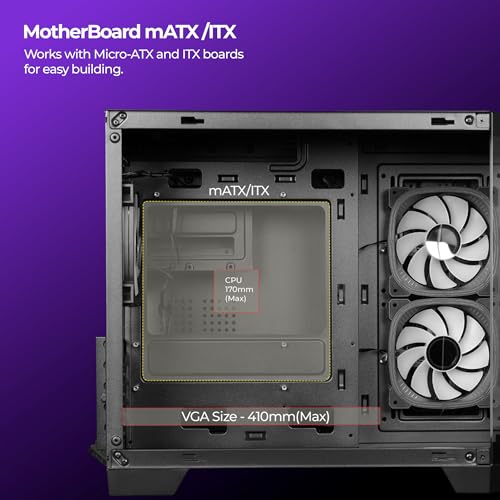 Image of Zebronics Cube Gaming PC Cabinet, mATX /ITX Support, 360mm Radiator Support, Mention 3 x 120mm ARGB Fans, 2 x Reverse Blade, Panoramic 3 Piece Temper Glass, Dual Chamber, Bottom Mount PSU (Mercury 25)