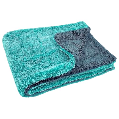 Image of 1200 GSM Microfiber Car Cleaning Cloth - Grey, Twisted Loop, Edgeless, Plush Pile Towel for Car Wash, Drying & Auto Detailing Green /Grey (Large 60cm x 40cm)