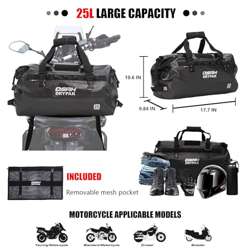 Bolsa duffel impermeable de 25L para moto con gran espacio de almacenamiento, bolsa trasera impermeable con bolsillo exterior de malla con cremallera para camping, kayak, pesca y viaje - Marrón barro miniatura 3