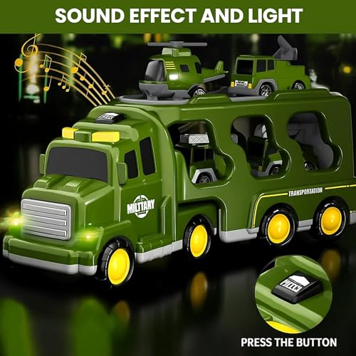 Image of GRAPHENE 5 in 1 Friction Military Army Truck Car Set for Boys 3-10 Years Old Montessori Carrier Educational Toy Light Music Unbreakable Pullback Action Helicopter Taxi Playset Best Gift Boy Girl