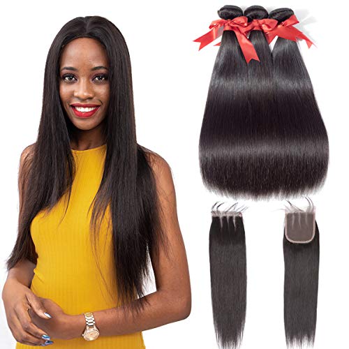 Beauhair Brazilian Virgin Hair 3 Bundles with Closure (18 20 22+16closure) Three Part Straight Human Hair 8A 100% Unprocessed Virgin Hair Bundles With Three Part Lace Closure Natural Black Color