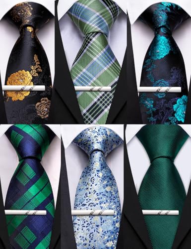 Image of Barry.Wang Mens 6 PCS Ties Silk Striped Paisley Check Floral Necktie Silky Woven Wedding Business Party Ties 3.34 inch