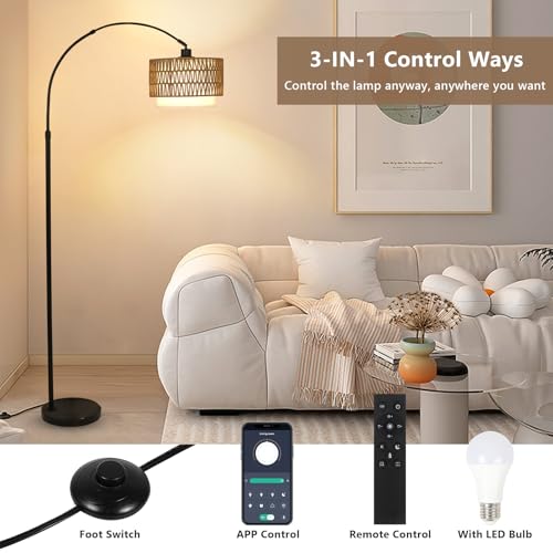 Image of eyassi Arc Floor Lamp with Remote, Modern LED Floor Lamp with Dimmable Bulb, Boho Farmhouse Standing lamp with Fabric & Rattan Lampshades, Height Adjustable Black Tall Lamp for Living Room Bedroom