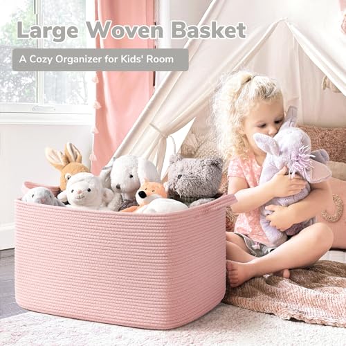 Goodpick Large Blanket Basket, Woven Baskets for Storage, Large Baskets for Organizing, Rectangle Toy Basket for Nursery, Bedroom, 21.6" x 14.9" x 11.8", Pink
