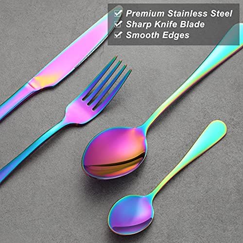Cutlery Set, Pleafind Rainbow Cutlery Set for 4, 16 Piece Silverware Set, Stainless Steel Knife and Fork Set, Flatware Set, Mirror Polished, Dishwasher Safe