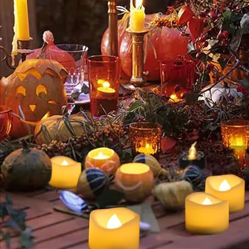 Image of 12 Pack Battery Operated Flameless LED Votive Tealight Candles Realistic Flickering Electric Tea Lights Set Bulk Halloween Pumpkin Jack O Lantern Party Wedding Decorations Centerpieces Batteries Incl.
